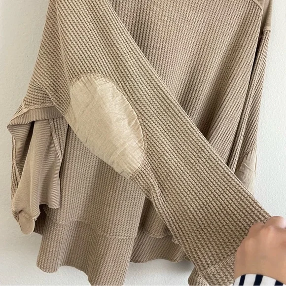Free People FP One Blake Thermal Waffle Knit Patch Elbows Top Moon Rock Size S - Picture 6 of 8